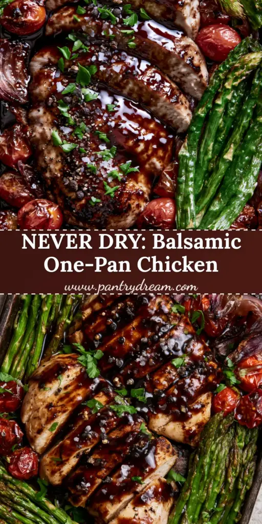 One Pan Balsamic Chicken with Blistered Tomatoes and Roasted Asparagus 3 A rustic dark metal sheet pan featuring sliced succulent chicken breast with a thick mahogany balsamic glaze, blistered cherry tomatoes, and emerald asparagus. (one pan balsamic chicken)