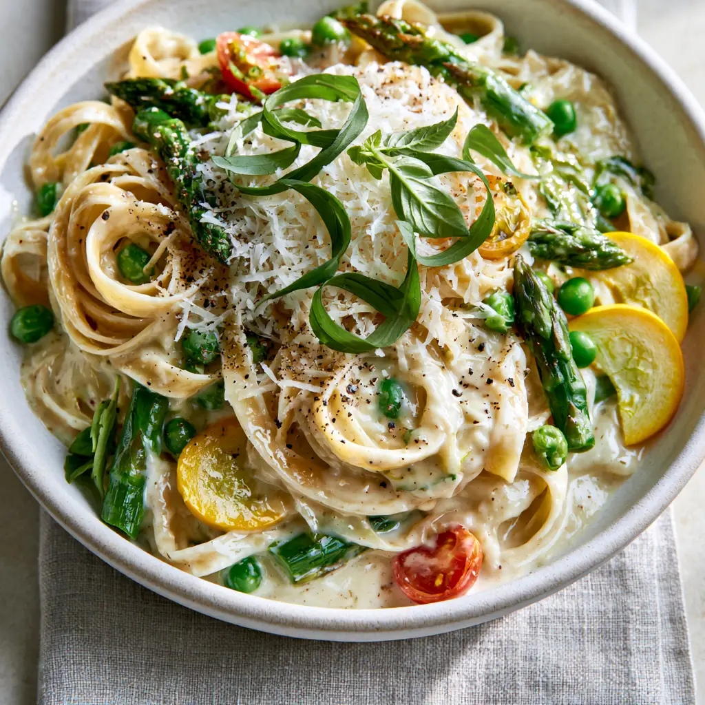 Pasta Primavera with Silky Parmesan Cream and Garden Vegetables 2 Close up of silky ivory cream sauce clinging to fettuccine ribbons in a pasta primavera dish.