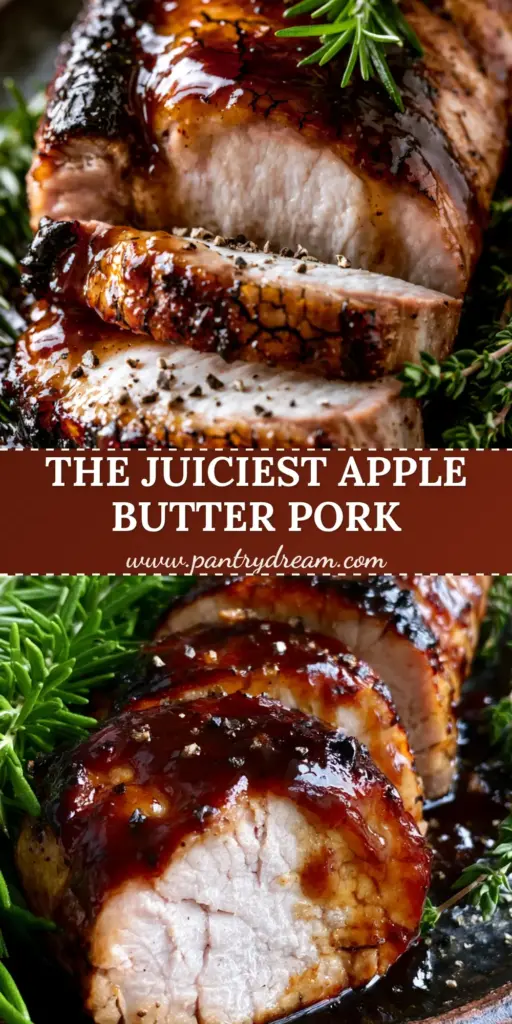 Apple Butter Glazed Pork Tenderloin with a Caramelized Herb Crust 4 A close-up shot of sliced apple butter glazed pork tenderloin on a dark platter, showing the shimmering amber glaze and fresh herbs.