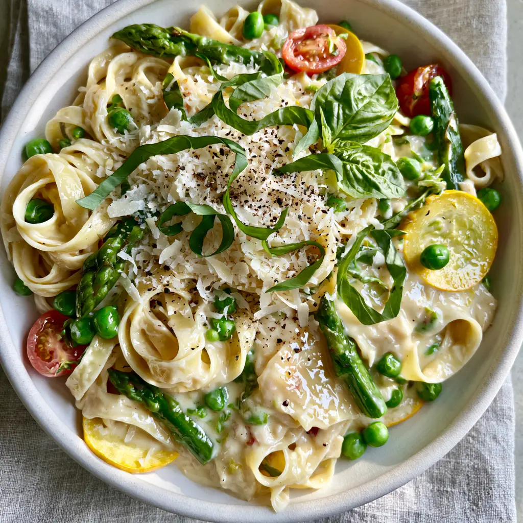 Pasta Primavera with Silky Parmesan Cream and Garden Vegetables 1 Overhead view of pasta primavera topped with a heavy snowfall of microplaned parmesan and fresh basil.