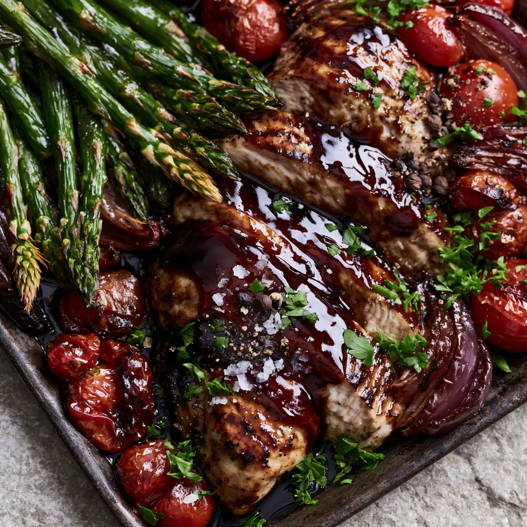 One Pan Balsamic Chicken with Blistered Tomatoes and Roasted Asparagus 2 Macro top-down view of glazed balsamic chicken slices on a dark metal pan with roasted red onion petals and asparagus. (one pan balsamic chicken)