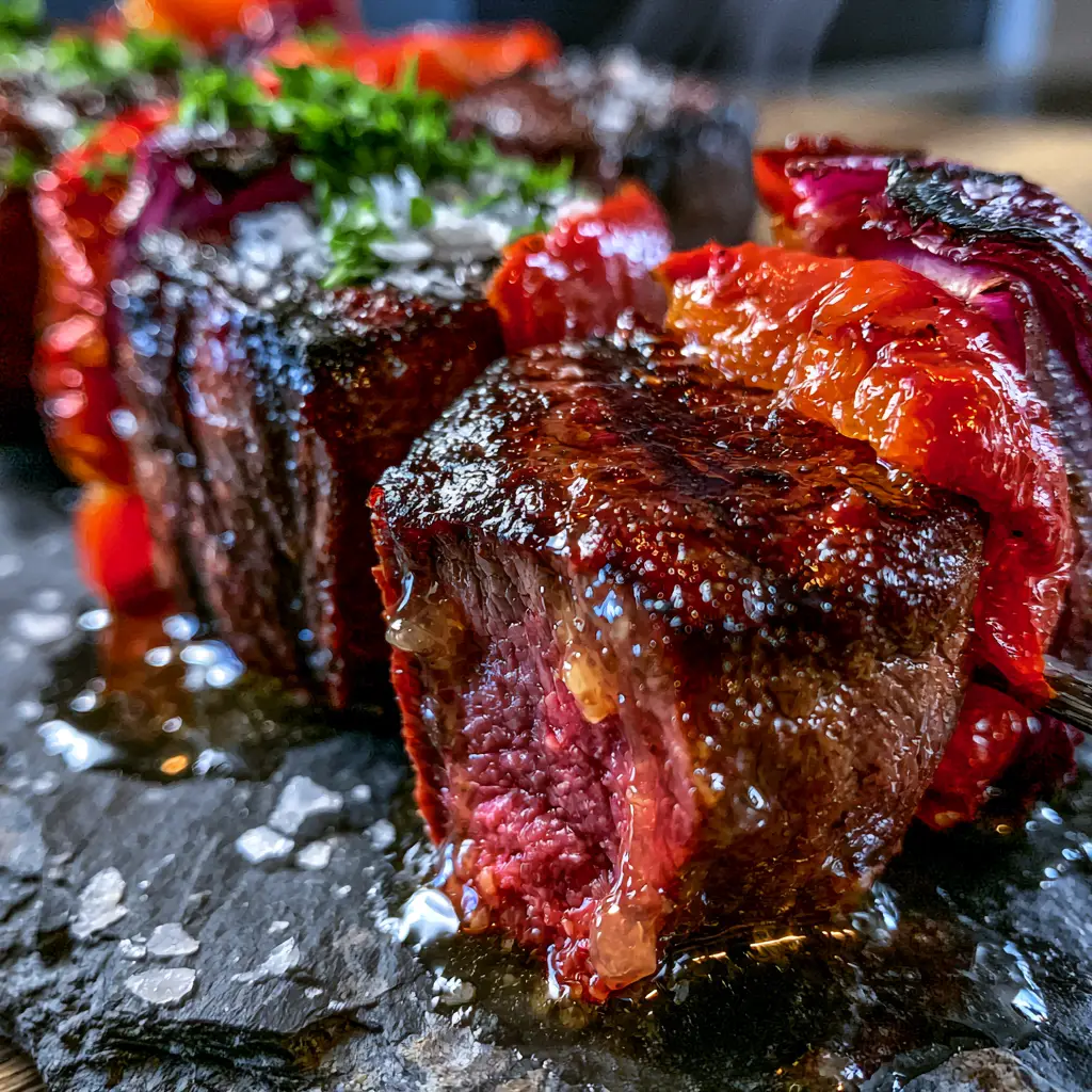 Steak Kabobs with Melted Garlic Butter and Blistered Peppers 2 Top-down macro shot of seared prime sirloin steak kabobs with deep grill marks and fresh parsley. (steak kabobs)