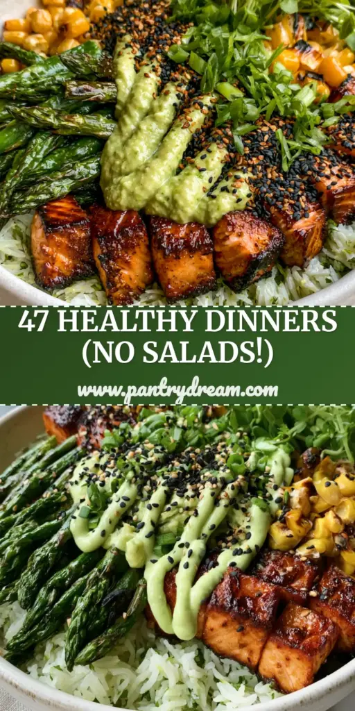 Healthy Dinner Ideas: Honey Garlic Salmon Bowls with Lemon Cilantro Rice 3 A close-up vertical shot of a vibrant salmon bowl with honey-garlic cubes, asparagus, and avocado drizzle. (Healthy dinner ideas)