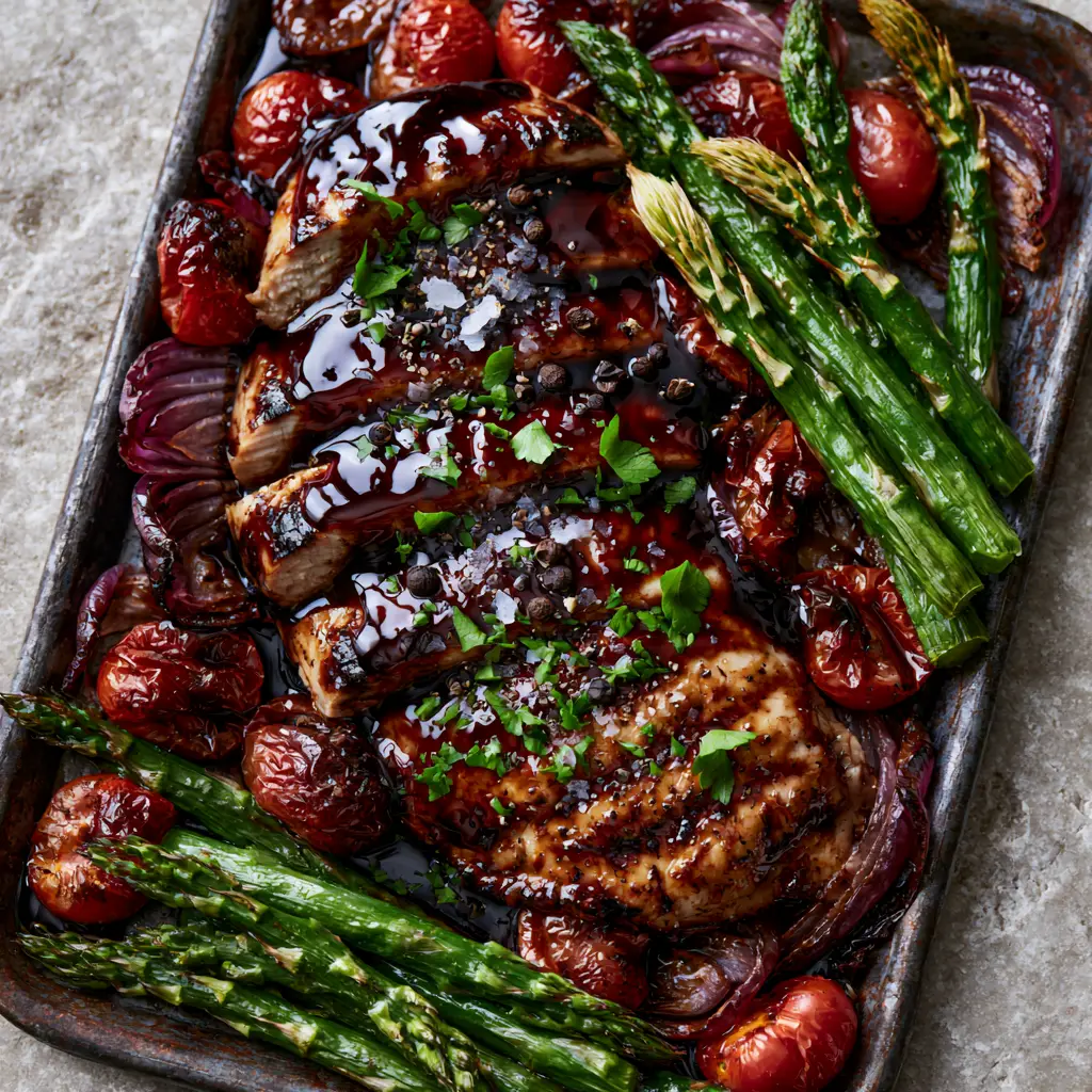 One Pan Balsamic Chicken with Blistered Tomatoes and Roasted Asparagus 1 Succulent seared chicken breast with balsamic mahogany glaze surrounded by blistered tomatoes and green asparagus on a rustic pan. (one pan balsamic chicken)