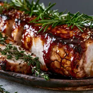 Macro photo of apple butter glazed pork tenderloin with a thick, glistening amber glaze and cracked pepper.
