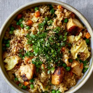 Top-down macro shot of Chicken Fried Rice showing distinct golden-tan jasmine grains and juicy seared chicken.