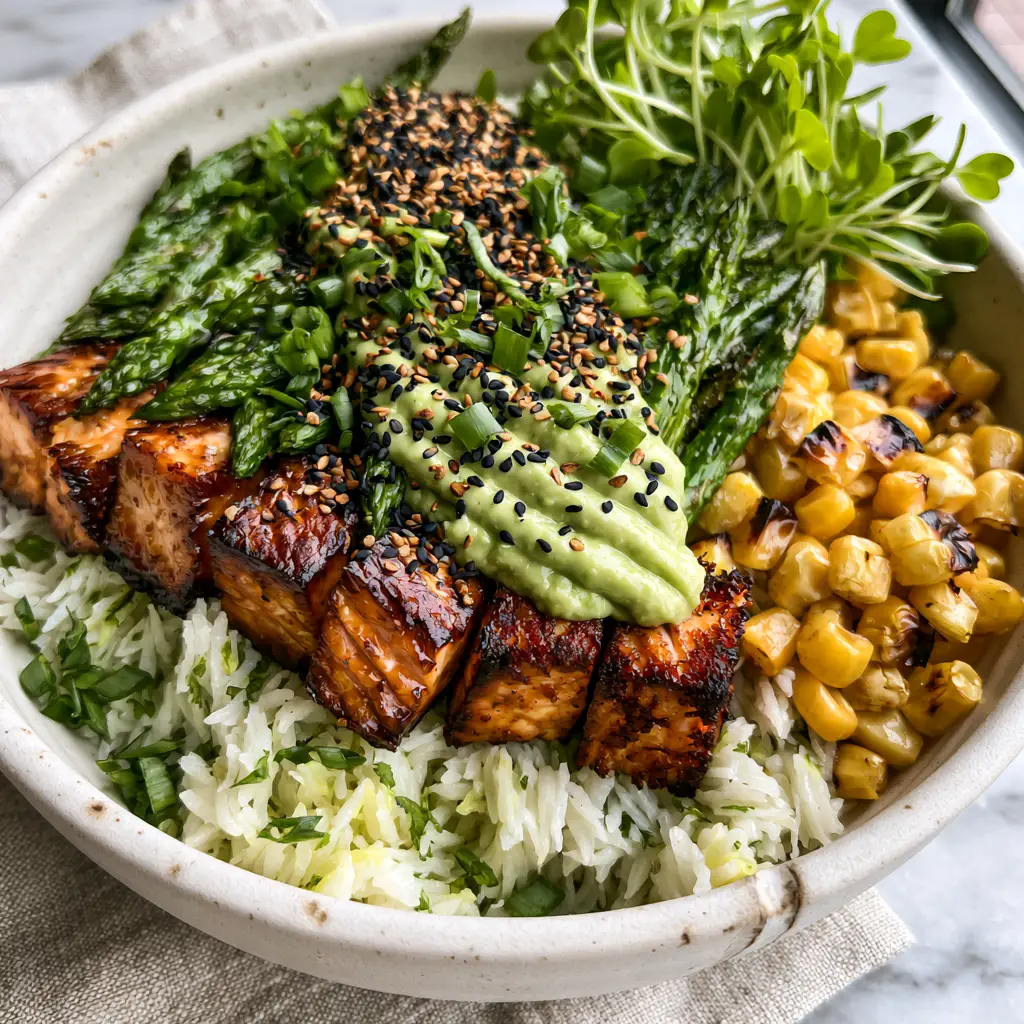 Healthy Dinner Ideas: Honey Garlic Salmon Bowls with Lemon Cilantro Rice 2 A 45-degree angle shot of an overflowing healthy dinner bowl with seared salmon, lemon-cilantro rice, and blistered asparagus. (Healthy dinner ideas)