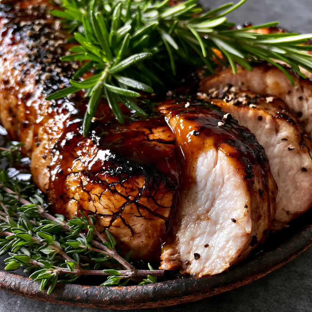Apple Butter Glazed Pork Tenderloin with a Caramelized Herb Crust 1 Slices of tender roasted pork with apple butter glaze garnished with rosemary and thyme branches.