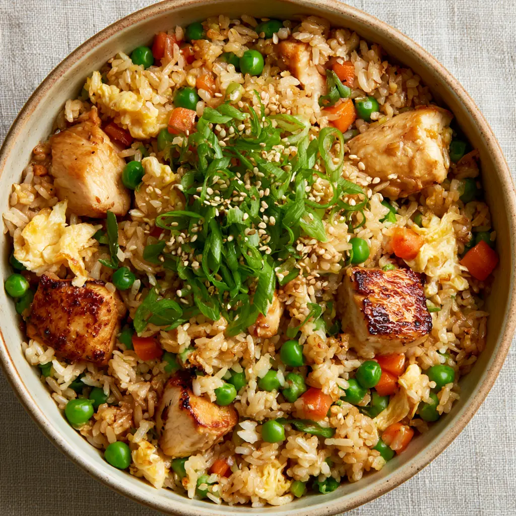 Chicken Fried Rice with Toasted Jasmine Grains and Seared Umami Chicken 1 A ceramic bowl of Chicken Fried Rice highlighting the vibrant green peas and bright orange diced carrots.
