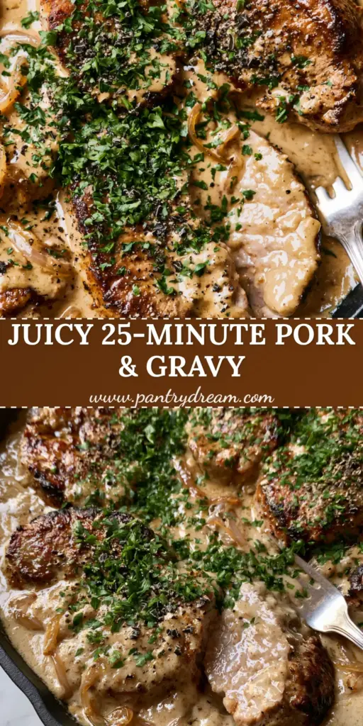 Pork Medallions in Onion Gravy: The Ultimate Skillet Comfort Food 3 A close-up of pork medallions in onion gravy inside a matte black cast iron skillet, topped with parsley and cracked black pepper.