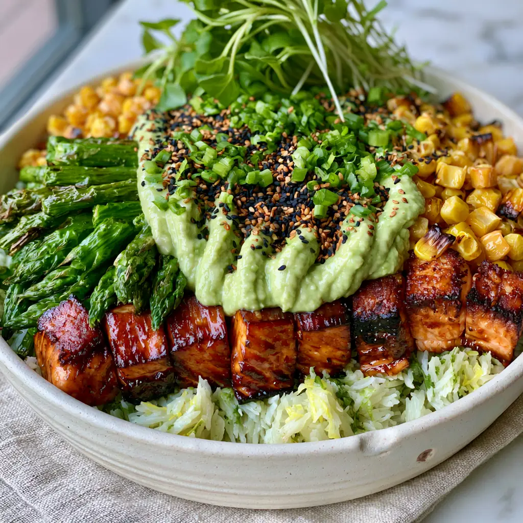 Healthy Dinner Ideas: Honey Garlic Salmon Bowls with Lemon Cilantro Rice 1 Close up of caramelized honey garlic salmon cubes and charred corn in a white ceramic bowl. (Healthy dinner ideas)