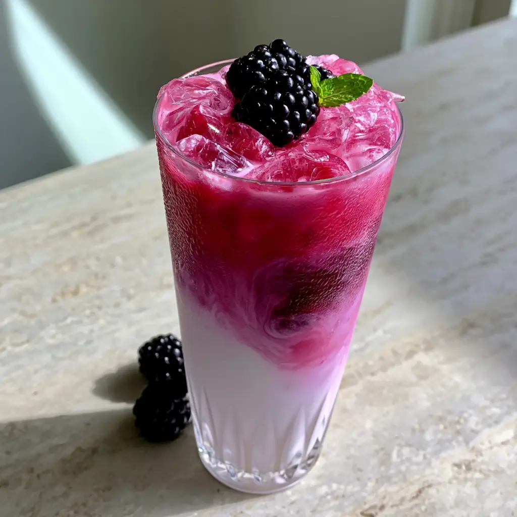 Blackberry Coconut Pink Drink: The Ultimate Creamy Ombre Refresher 2 Handheld smartphone photo of a blackberry coconut pink drink in a fluted glass on a stone countertop with morning light.