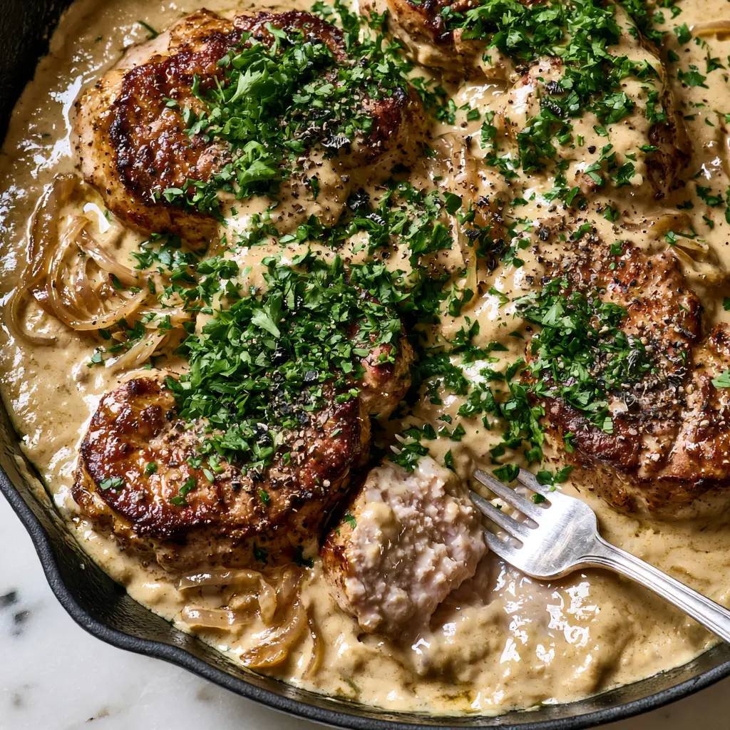 Pork Medallions in Onion Gravy: The Ultimate Skillet Comfort Food 2 Top-down view of seared pork medallions in a velvety light-tan onion cream sauce. (pork medallions in onion gravy)
