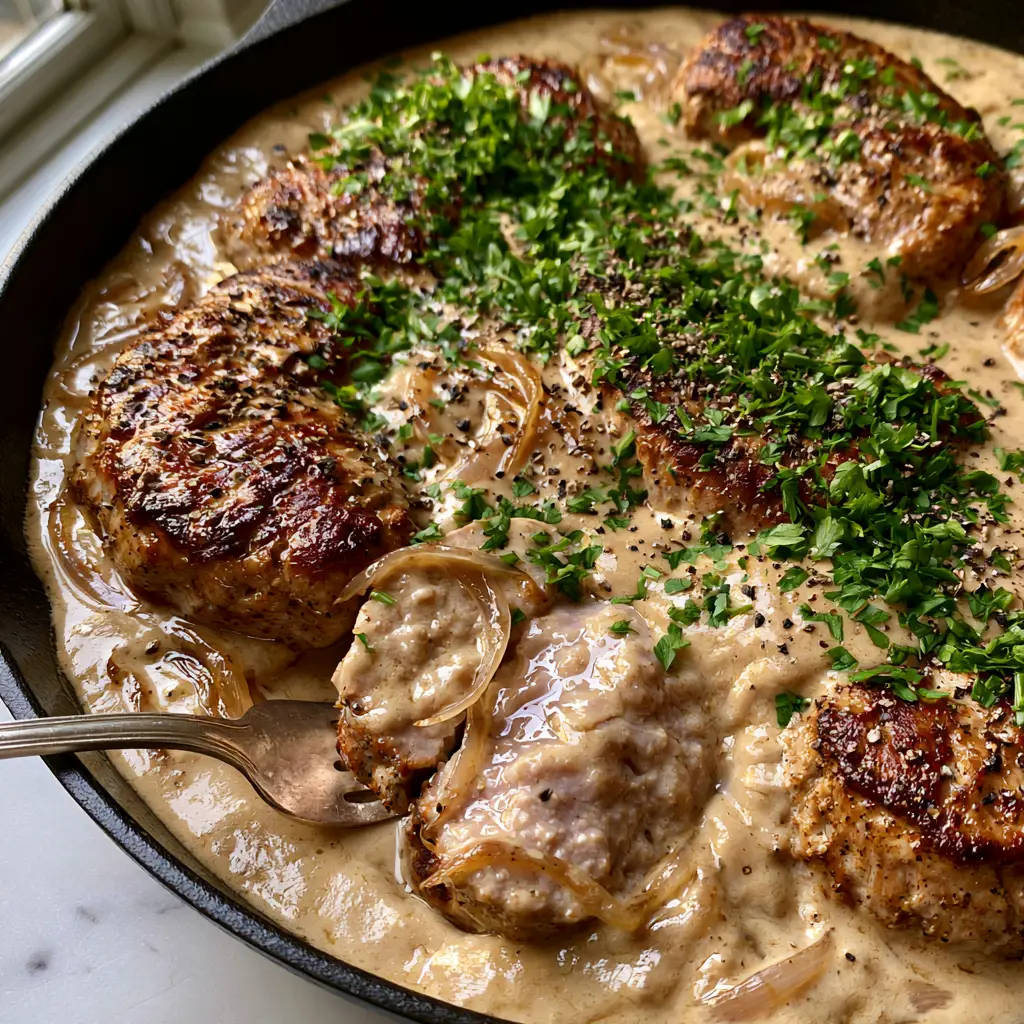 Pork Medallions in Onion Gravy: The Ultimate Skillet Comfort Food 1 A fork slicing into a pork medallion to reveal a moist, pale-pink interior surrounded by onion gravy.
