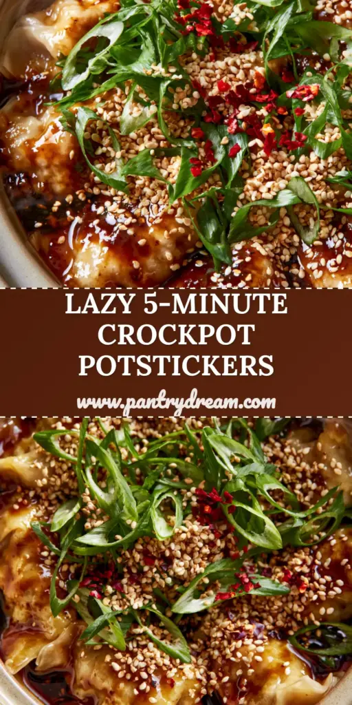 Crockpot Pork Potstickers with a Thick Soy-Ginger Glaze 4 An overhead shot of plump crockpot pork potstickers in a ceramic slow cooker with thick amber glaze and green scallions.