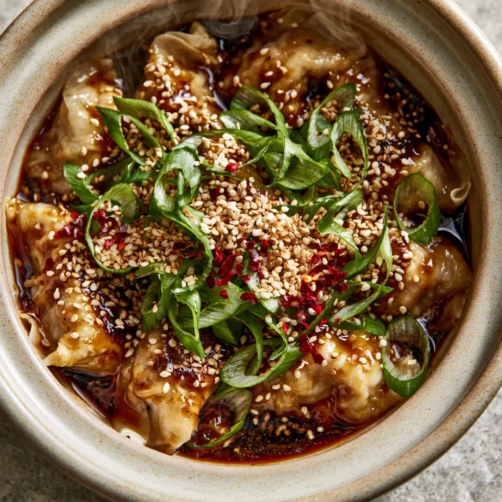 Crockpot Pork Potstickers with a Thick Soy-Ginger Glaze 2 Close-up of translucent pork potstickers in a slow cooker with dark amber soy-ginger glaze and white sesame seeds. (crockpot pork potstickers)