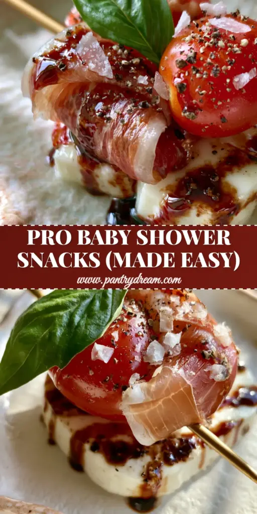 Baby Shower Food Ideas: Luxury Prosciutto and Buffalo Mozzarella Caprese Skewers 5 A close-up of luxury Caprese skewers with buffalo mozzarella, prosciutto, and balsamic glaze on a ceramic plate. (baby shower food ideas)