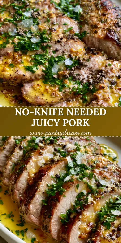 Tender Pork Recipe: Garlic Butter Seared Tenderloin with Toasted Garlic 4 A platter of sliced roasted pork tenderloin with a juicy pink center and golden garlic butter sauce. (Tender Pork Recipe)
