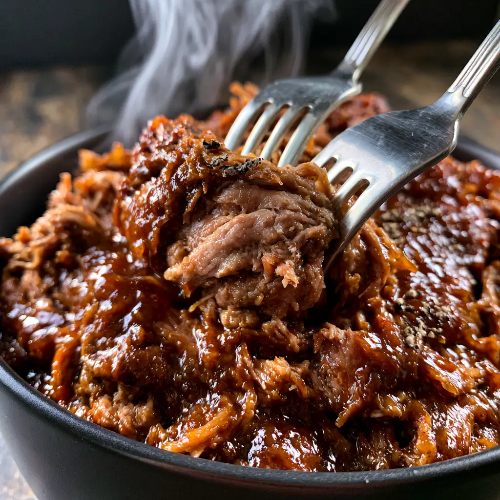 Root Beer Pork: Ultra-Succulent Shredded Shoulder with Mahogany Glaze 2 Extreme close-up of mahogany-colored root beer pork shredded with silver forks showing moist muscle fibers.