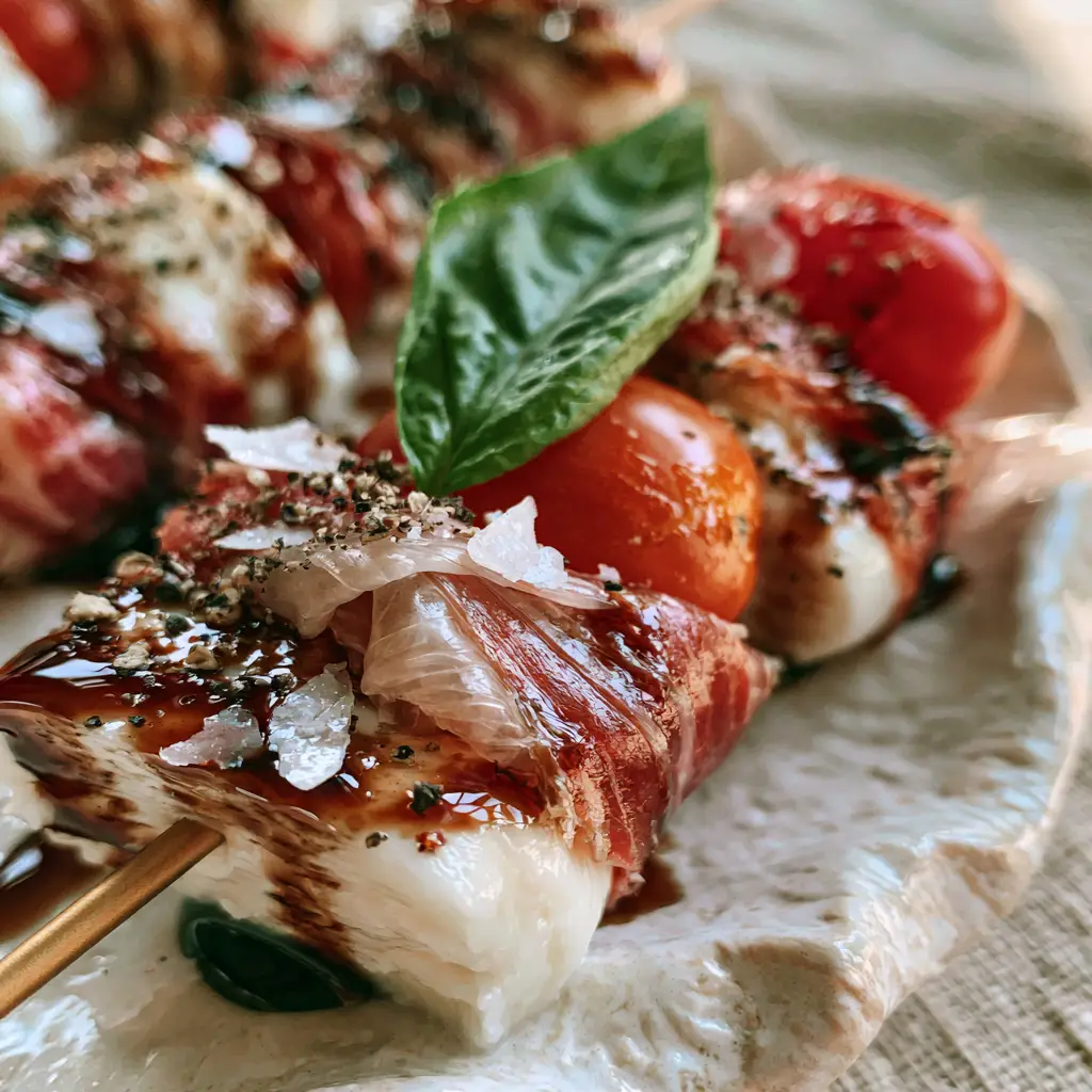 Baby Shower Food Ideas: Luxury Prosciutto and Buffalo Mozzarella Caprese Skewers 2 Top-down view of gourmet Caprese skewers with matte gold picks and glossy balsamic drizzle. (baby shower food ideas)