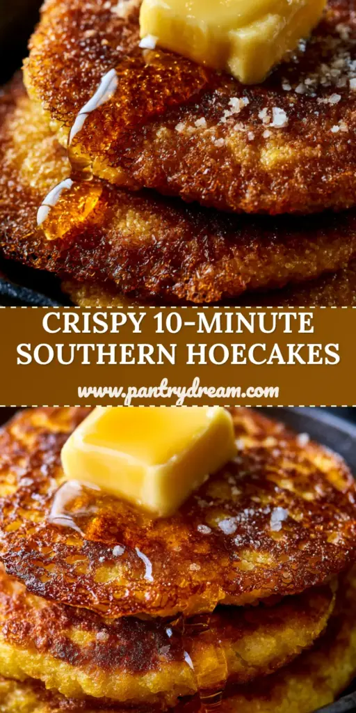 Hoecakes Recipe: The Ultimate Southern Lacey Cornmeal Cakes 4 A stack of three golden-brown Southern hoecakes with lacey edges, melting butter, and honey in a cast iron skillet. (hoecakes recipe)