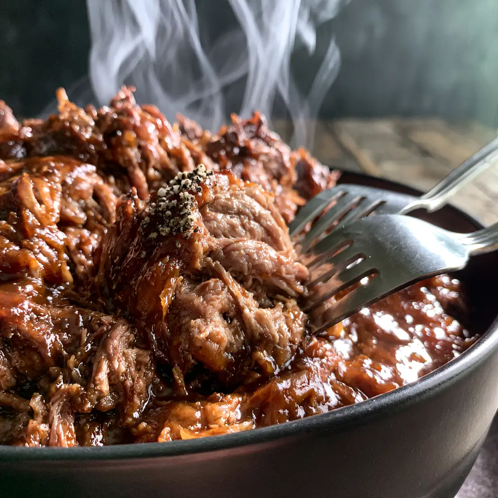 Root Beer Pork: Ultra-Succulent Shredded Shoulder with Mahogany Glaze 1 Root beer pork piled high in a black bowl with wisps of steam rising naturally and cracked black pepper on top.