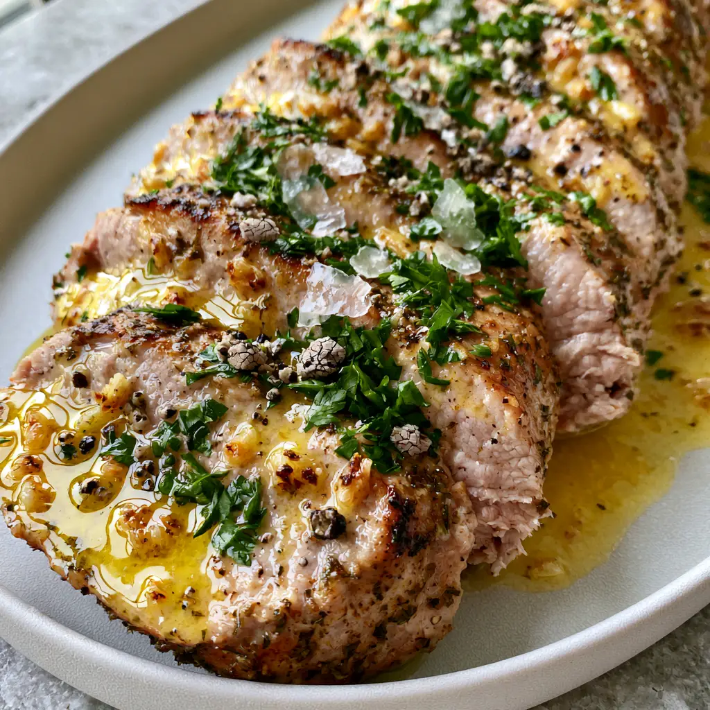 Tender Pork Recipe: Garlic Butter Seared Tenderloin with Toasted Garlic 2 Close up of a deep golden-brown seared pork crust with visible toasted garlic bits. (Tender Pork Recipe)