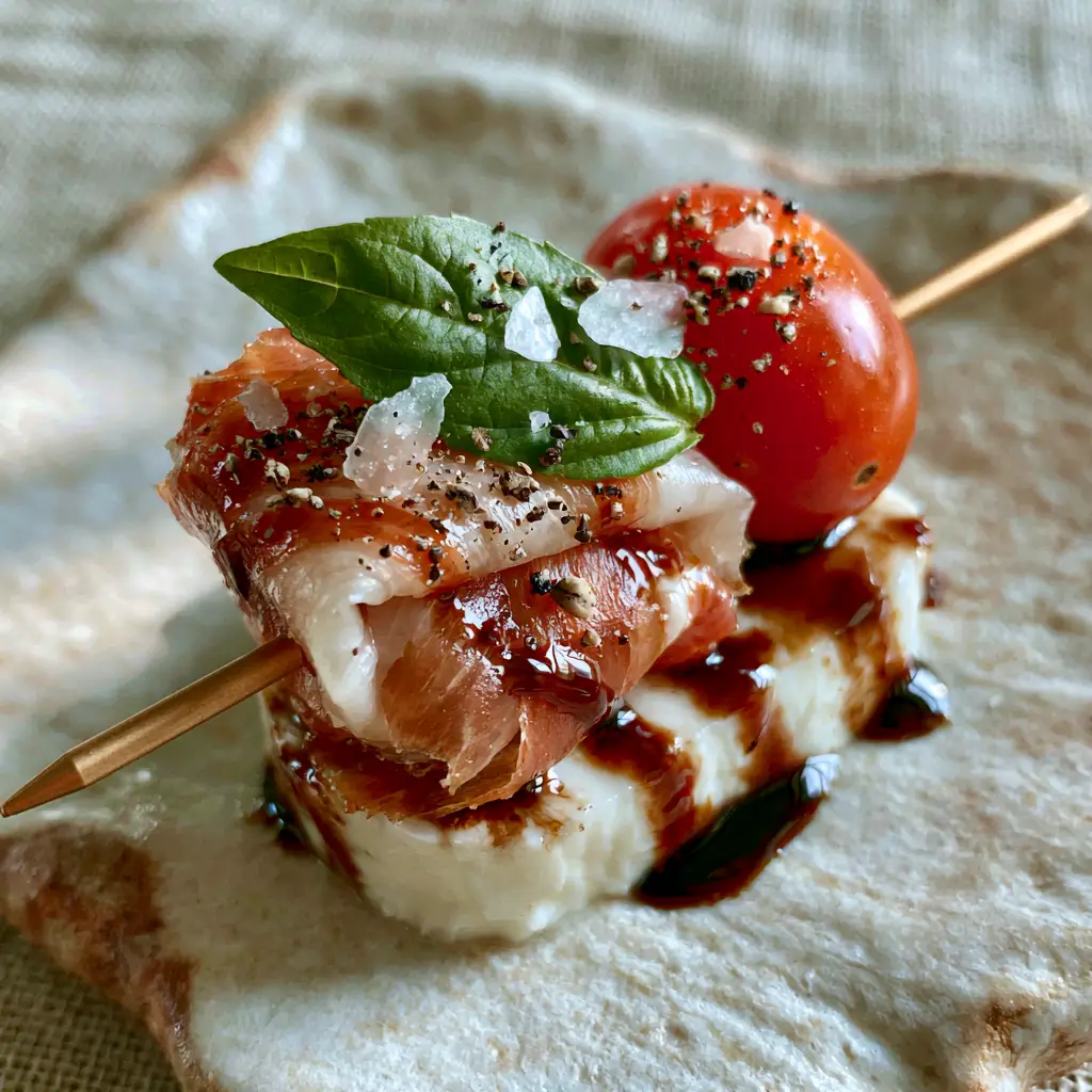 Baby Shower Food Ideas: Luxury Prosciutto and Buffalo Mozzarella Caprese Skewers 1 Close up of folded prosciutto ribbons and creamy buffalo mozzarella on a textured white plate. (baby shower food ideas)