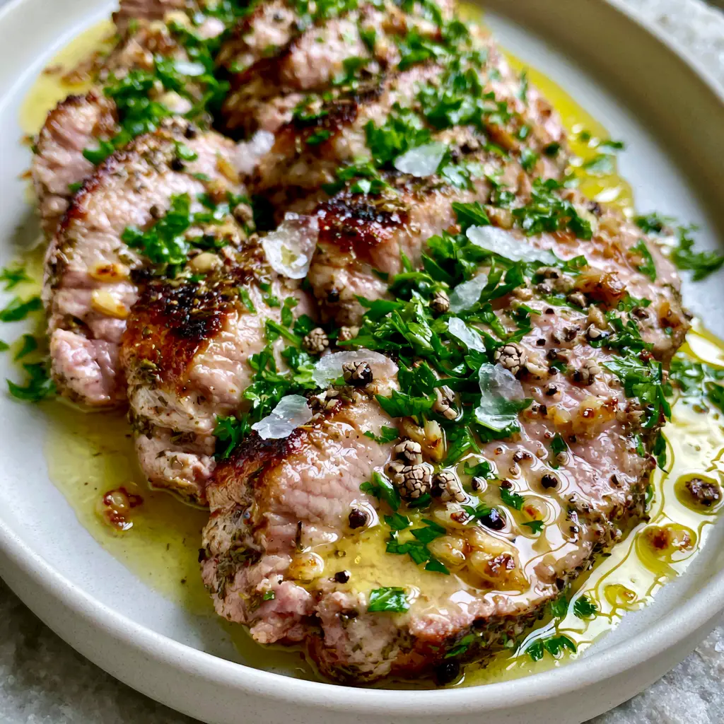 Tender Pork Recipe: Garlic Butter Seared Tenderloin with Toasted Garlic 1 Slices of tender pork drenched in shimmering yellow garlic butter sauce with green parsley. (Tender Pork Recipe)