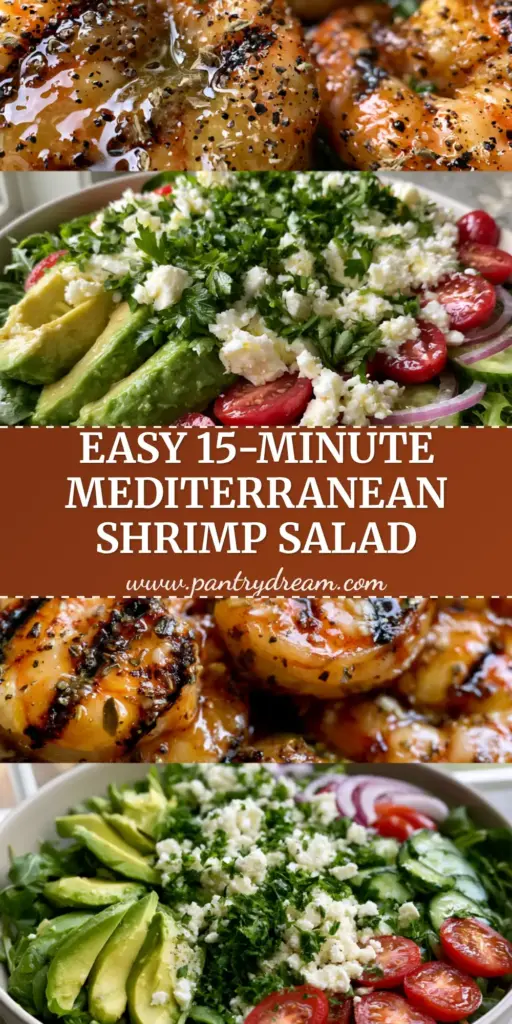 Grilled Shrimp Salad with Zesty Lemon Garlic Butter and Mediterranean Greens 3 A top-down view of a Mediterranean grilled shrimp salad with jumbo shrimp, avocado wedges, and feta cheese in a white bowl. (grilled shrimp salad)