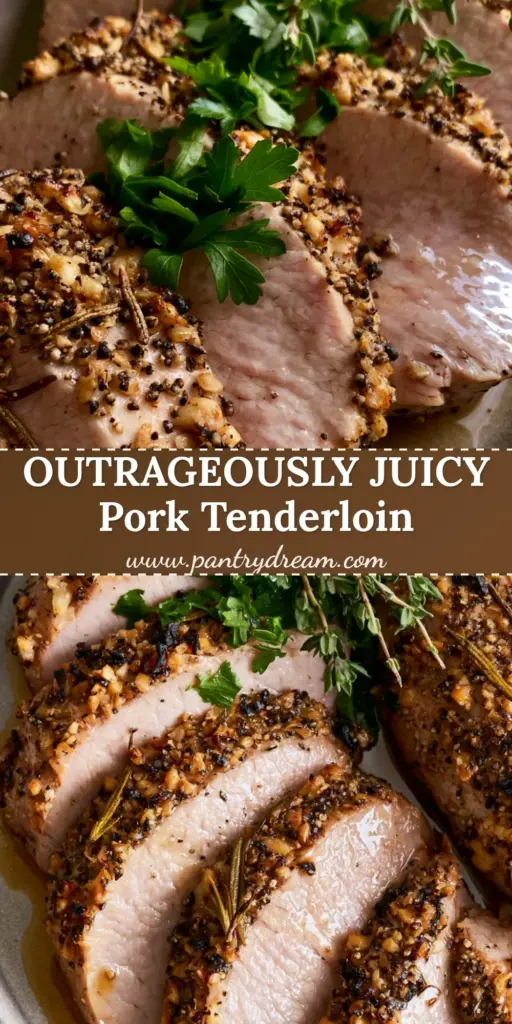 Herb Pork Tenderloin with a Golden Toasted Garlic Crust 3 Thick slices of herb pork tenderloin with a golden garlic crust and pale pink center on a stone plate. (herb pork tenderloin)