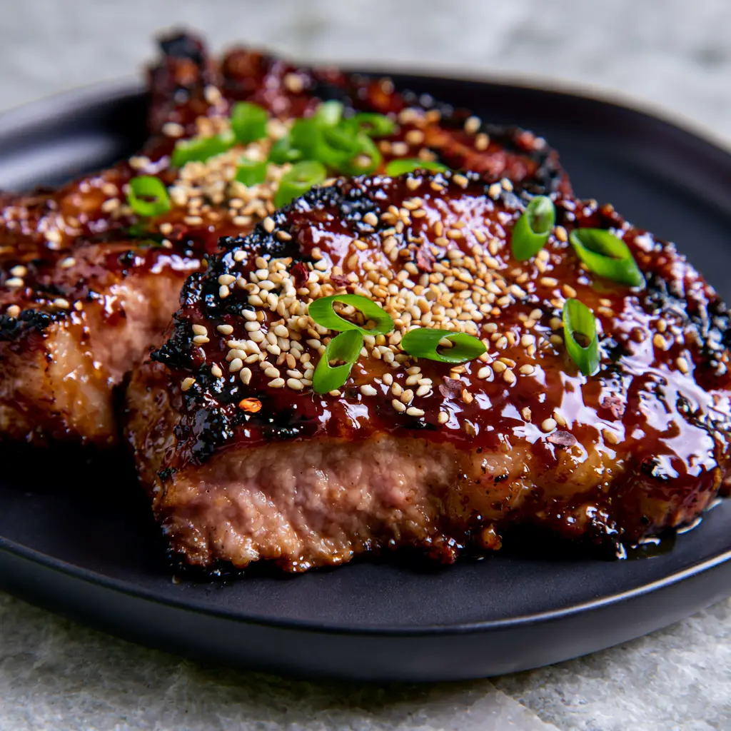 Grilled Pork Sauce Recipe: The Ultimate Mahogany Honey Garlic Glaze 2 Close-up of thick-cut grilled pork chops with honey garlic glaze and sesame seeds. (grilled pork sauce recipe)