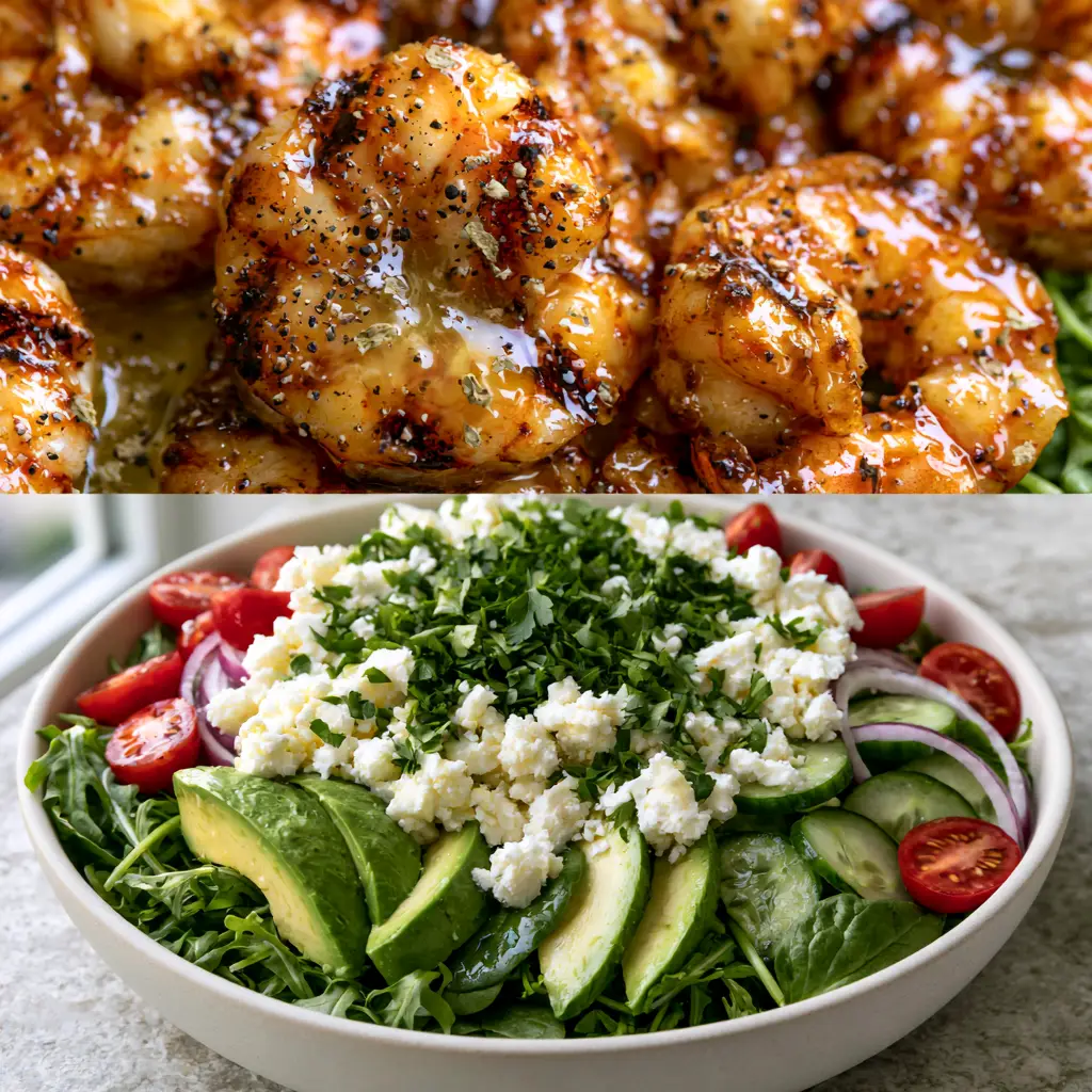 Grilled Shrimp Salad with Zesty Lemon Garlic Butter and Mediterranean Greens 2 Macro shot of char-grilled jumbo shrimp with dark grill marks and a lemon-garlic butter glaze. (grilled shrimp salad)