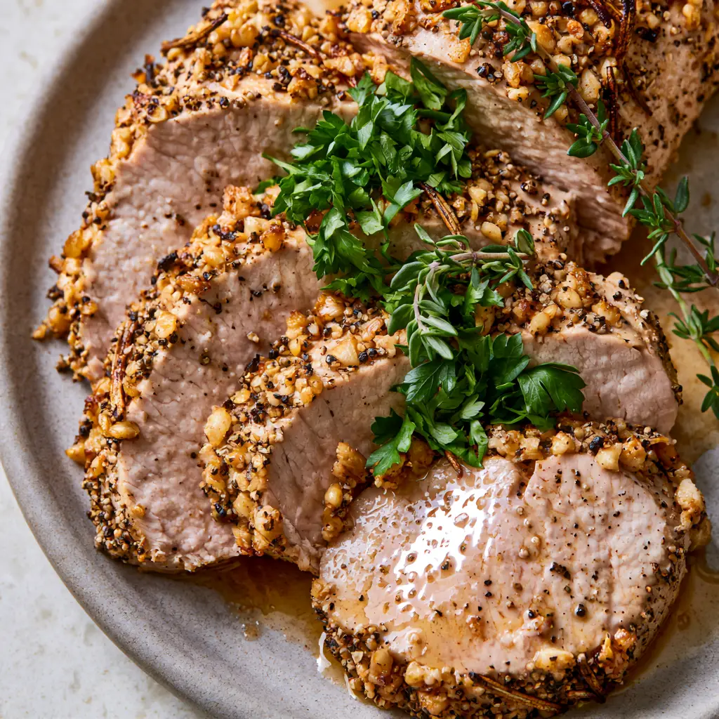 Herb Pork Tenderloin with a Golden Toasted Garlic Crust 2 Top-down view of roasted herb pork tenderloin showing the moist texture and fresh green garnish. (herb pork tenderloin)