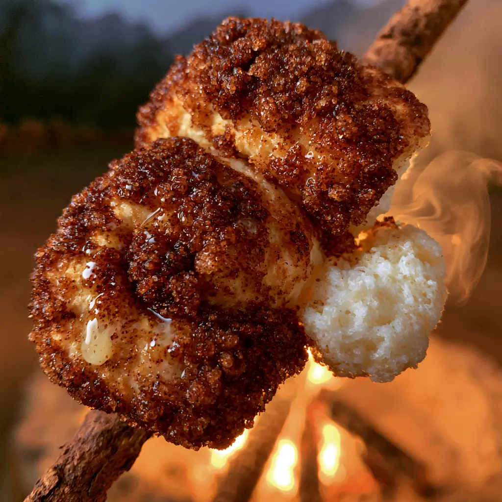 Brown Bears Campfire Snack: The Ultimate Cinnamon-Sugar Dough on a Stick 1 A single fire-toasted biscuit dough spiral coated in cinnamon sugar, held up against a glowing fire pit. (Brown Bears campfire snack)