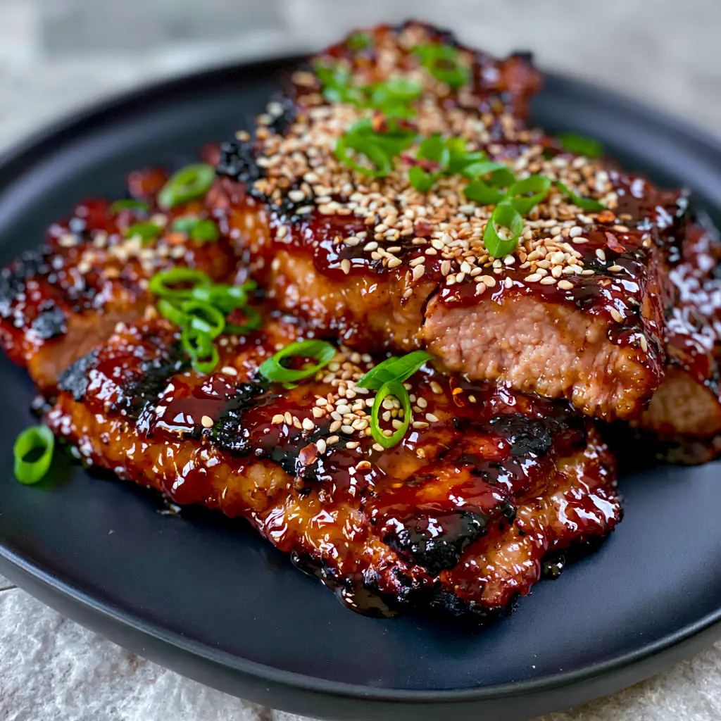 Grilled Pork Sauce Recipe: The Ultimate Mahogany Honey Garlic Glaze 1 Slices of juicy pork chop showing pink interior and sticky mahogany sauce glaze.
