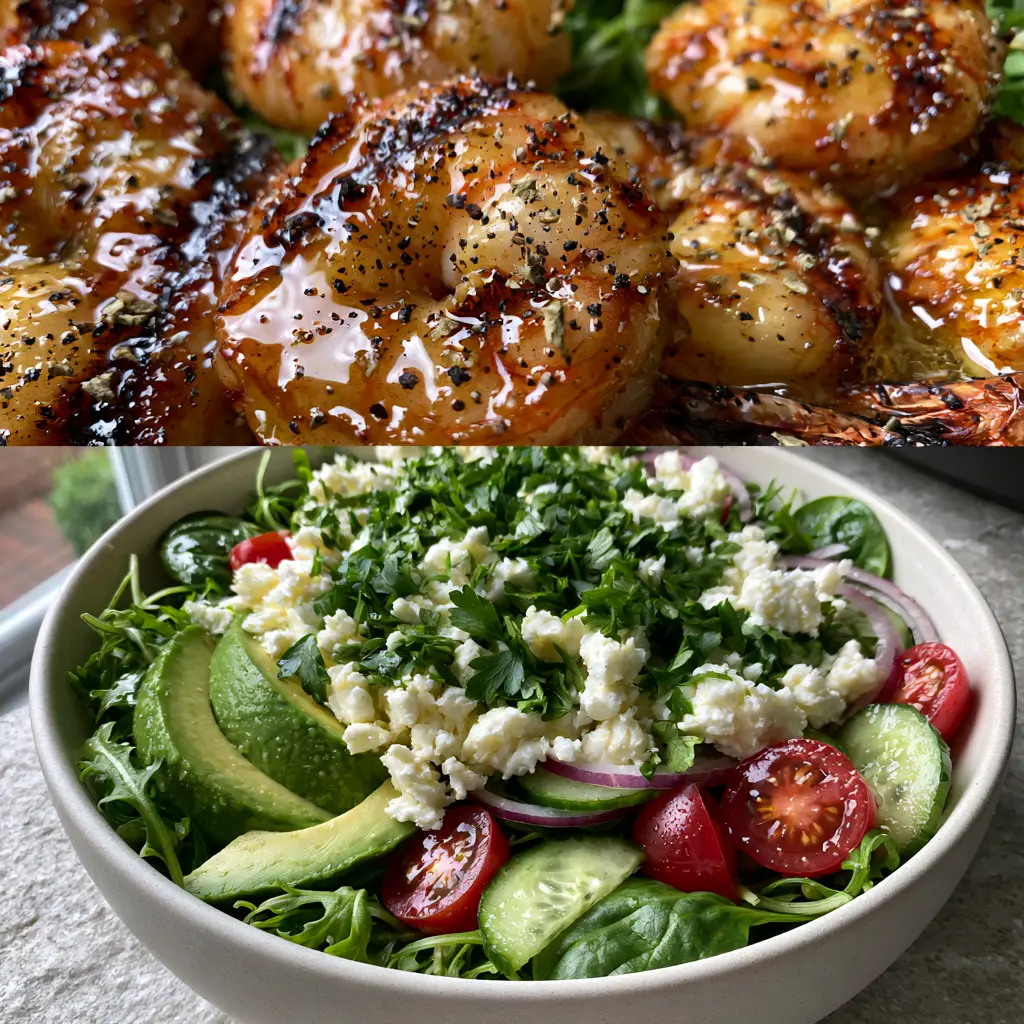 Grilled Shrimp Salad with Zesty Lemon Garlic Butter and Mediterranean Greens 1 A wide shot of a full Mediterranean grilled shrimp salad with arugula, spinach, tomatoes, and red onion. (grilled shrimp salad)