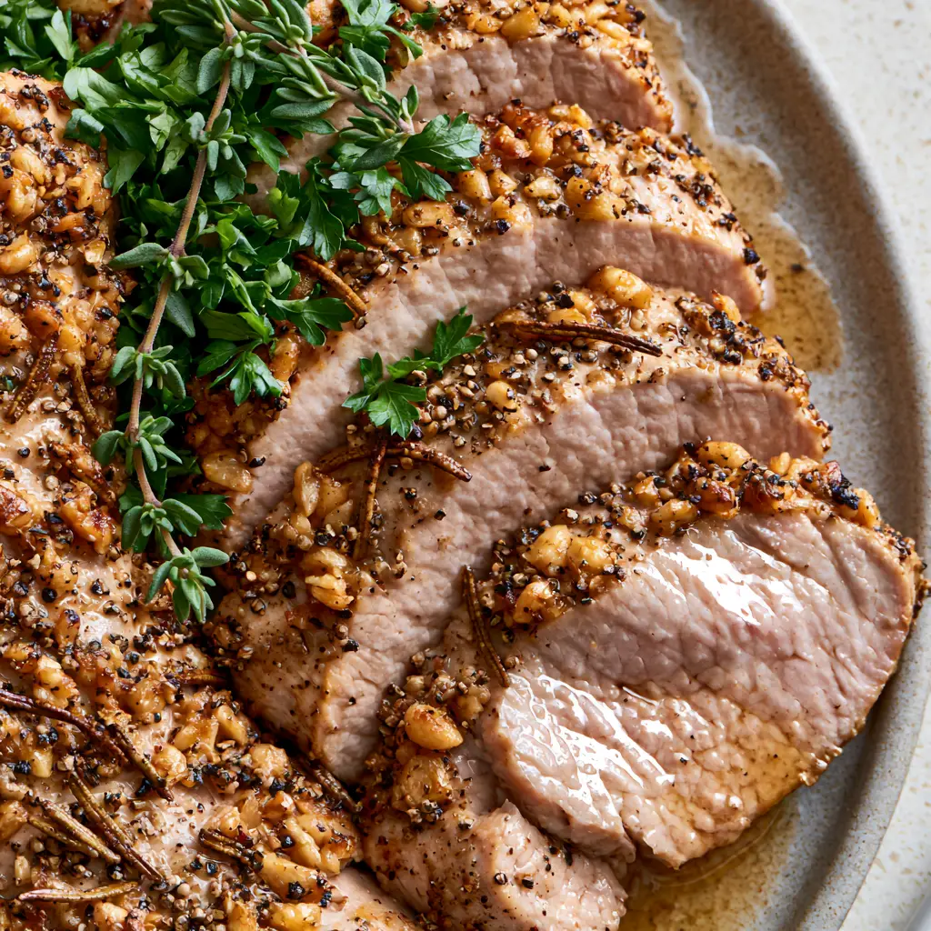 Herb Pork Tenderloin with a Golden Toasted Garlic Crust 1 Detailed shot of the golden-brown garlic and rosemary crust on the herb pork tenderloin.