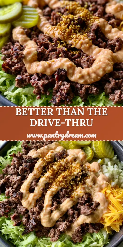 Big Mac Burger Bowls: The Ultimate Gourmet Deconstructed Burger Experience 4 A top-down shot of gourmet Big Mac burger bowls featuring seared beef, melted cheddar, and a thick zig-zag of orange special sauce on crisp lettuce.