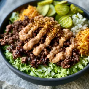 Close-up of Big Mac burger bowls in a charcoal ceramic bowl showing caramelized beef and bright green iceberg lettuce.