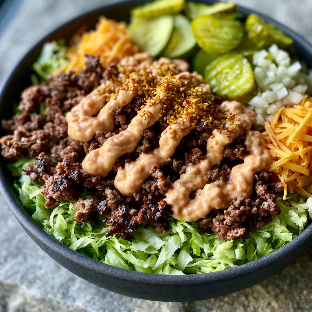 Big Mac Burger Bowls: The Ultimate Gourmet Deconstructed Burger Experience 2 Close-up of Big Mac burger bowls in a charcoal ceramic bowl showing caramelized beef and bright green iceberg lettuce.