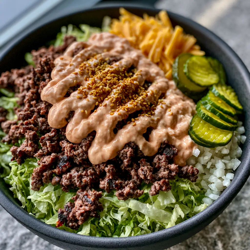 Big Mac Burger Bowls: The Ultimate Gourmet Deconstructed Burger Experience 1 Top-down view of the Big Mac burger bowls highlighting the zig-zag sauce pattern and toasted sesame seeds.