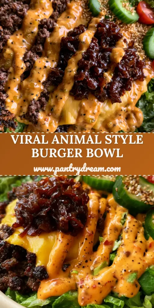 Burger Bowl Recipe: The Ultimate Gourmet Animal Style Feast 4 A gourmet Animal Style burger bowl in a cream ceramic bowl with seared beef, melted cheese, and orange secret sauce. (burger bowl)