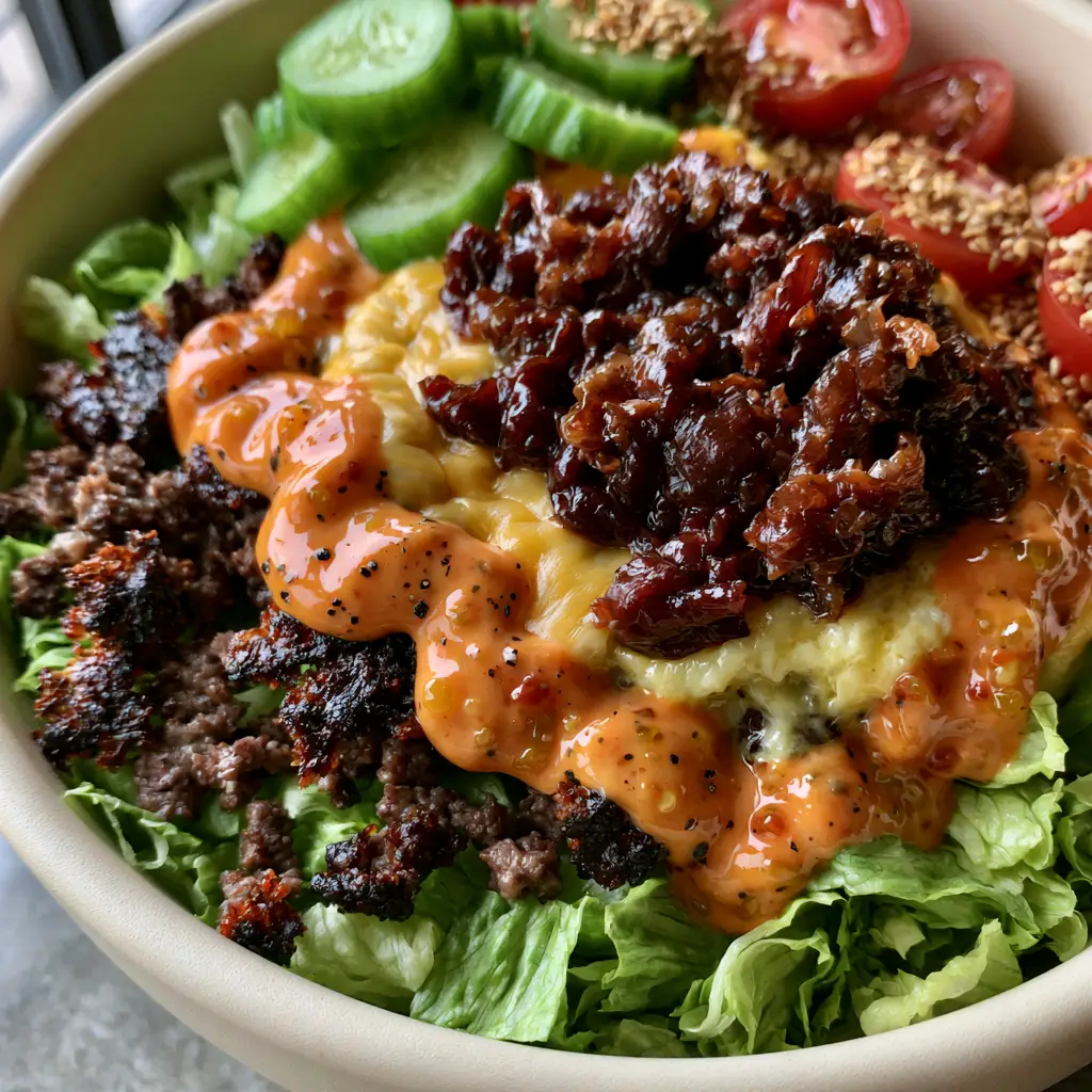 Burger Bowl Recipe: The Ultimate Gourmet Animal Style Feast 2 Extreme overhead close-up of a burger bowl with charred beef crumbles, melted American cheese, and jammy mahogany onions. (burger bowl)