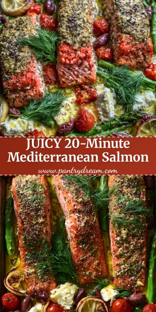 Mediterranean Baked Salmon Recipe: The Ultimate Sheet Pan Masterpiece 4 A top-down vertical view of a sheet pan featuring the Mediterranean Baked Salmon Recipe with blistered tomatoes, asparagus, and melted feta.